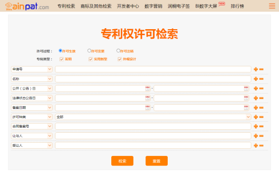 专利权许可数据检索示例